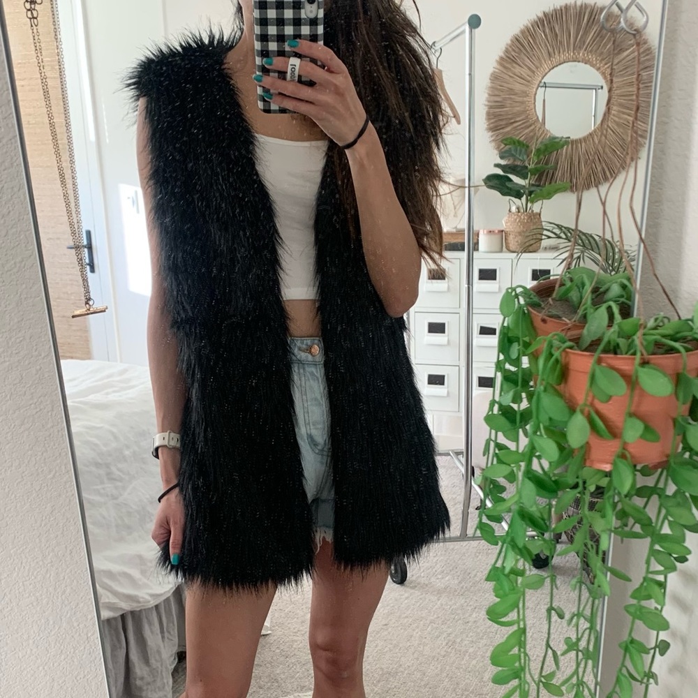 NWT Plush Black Faux Fur Longline Vest One Size